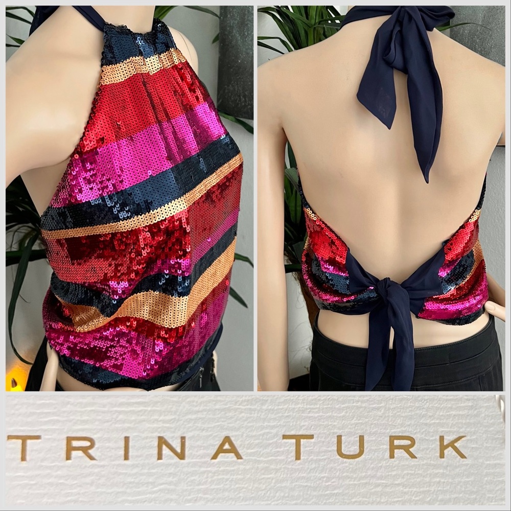 Trina Turk Colorful Sparkly Sequin Open Back Halter Top - Picture 9 of 9